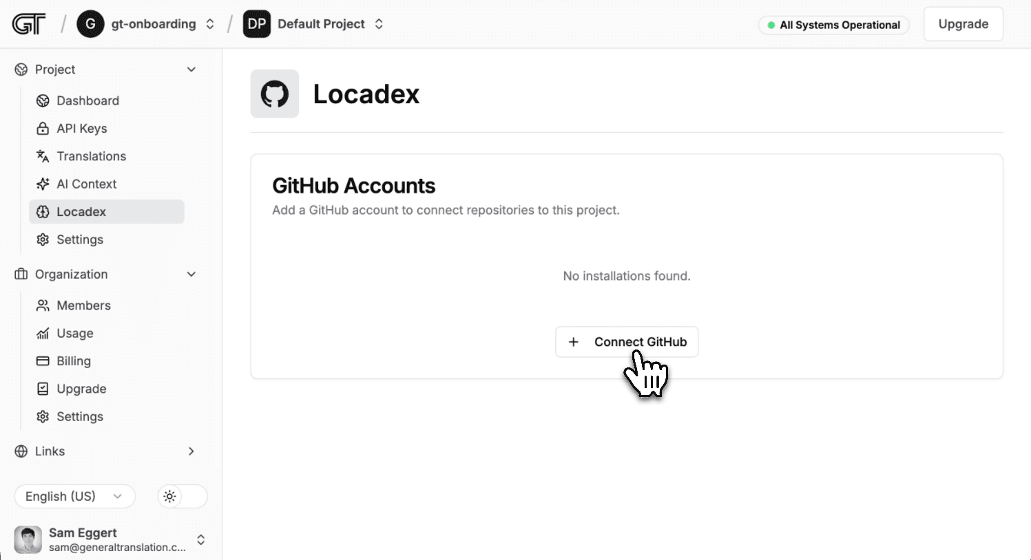 Installation screen for Locadex