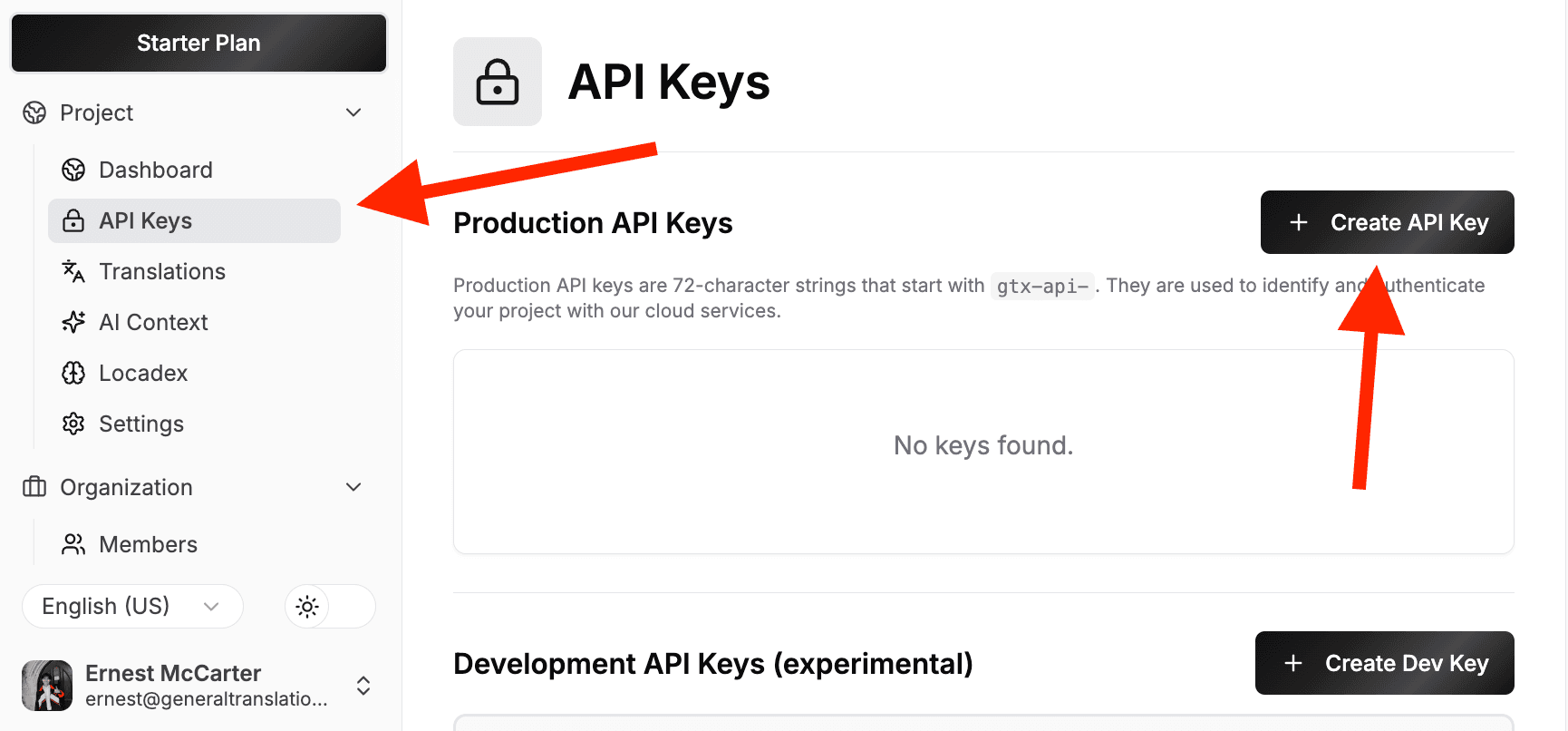 API key page