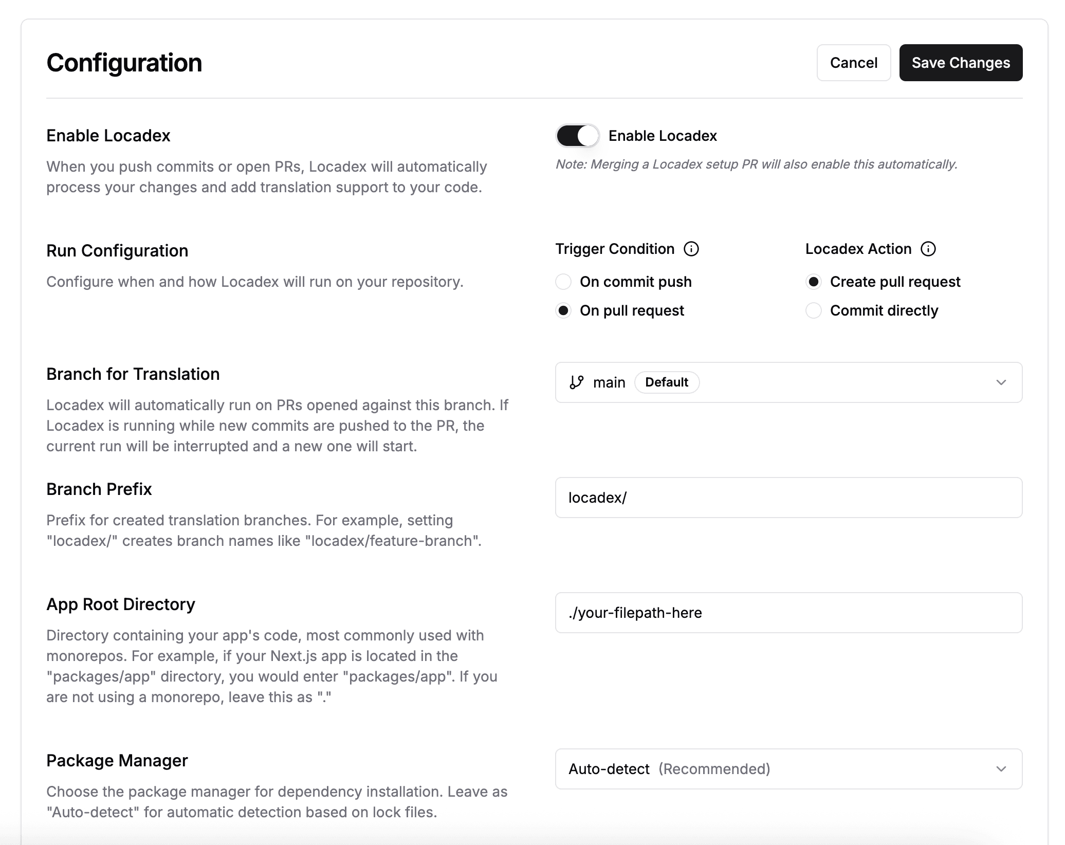 Locadex の構成パネル